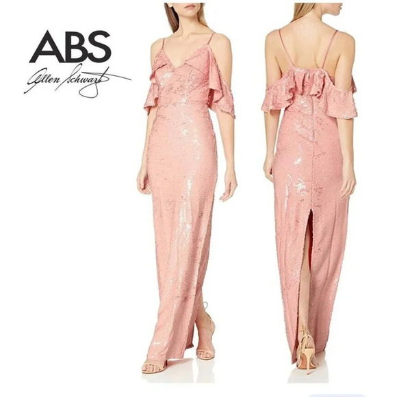 A.B.S Alan Shwartz Peach Pink All Sequin Off The Shoulder MAxi Gown 10 - Picture 1 of 7